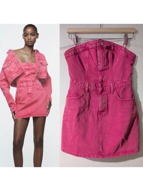 NEW! Zara | Barbie Collection Strapless Denim Mini Dress In Pink